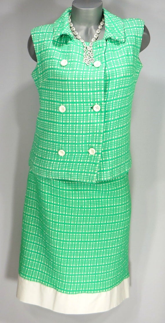 1960s Vintage Jackie Kennedy Double Breasted Skirt Suit Green White Retro 2 Piece Outfit Mad Men