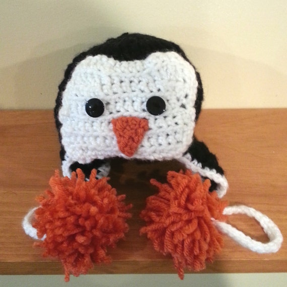 Crochet Penguin Hat with Ear Flaps and Fleece Lining