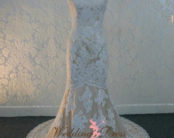 Gorgeous Ivory Lace over Champagne Satin Wedding Dress with Sweetheart Neckline Mermaid Shape