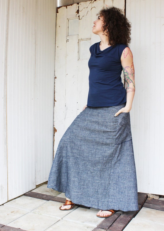 Organic Denim Full Length Passport Pocket Skirt Hemp and