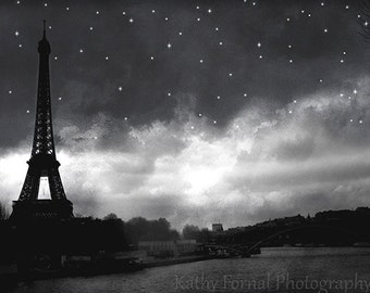 Paris Black and White Photography, Eiffel Tower Black White Prints, Eiffel Tower Starry Night Print, Paris Eiffel Tower Black and White Art