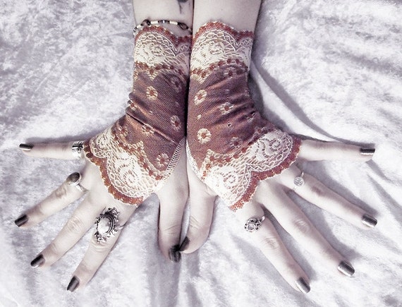 Dirigible Lace Fingerless Gloves - Burgundy Brown & Ivory Cream Embroidered - Gothic Wedding Fetish Tribal Bellydance Tea Airship Goth by ZenAndCoffee steampunk buy now online