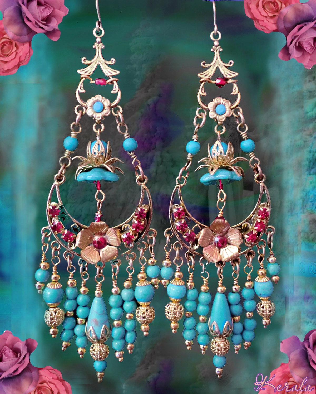 Turquoise Bohemian Chandelier Earrings Gold Lotus Beaded