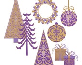 SALE Christmas clip art, Christmas tree digital scrapbooking, clipart ornaments presents purple gold damask : h1055 3s3443 Il_170x135