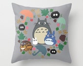 Totoro Kawaii My Neighbor Throw Pillow 16x16 Cover Anime Decorative Soot Catbus Grey Blue White Manga Hayao Miyazaki Studio Ghibli Spring