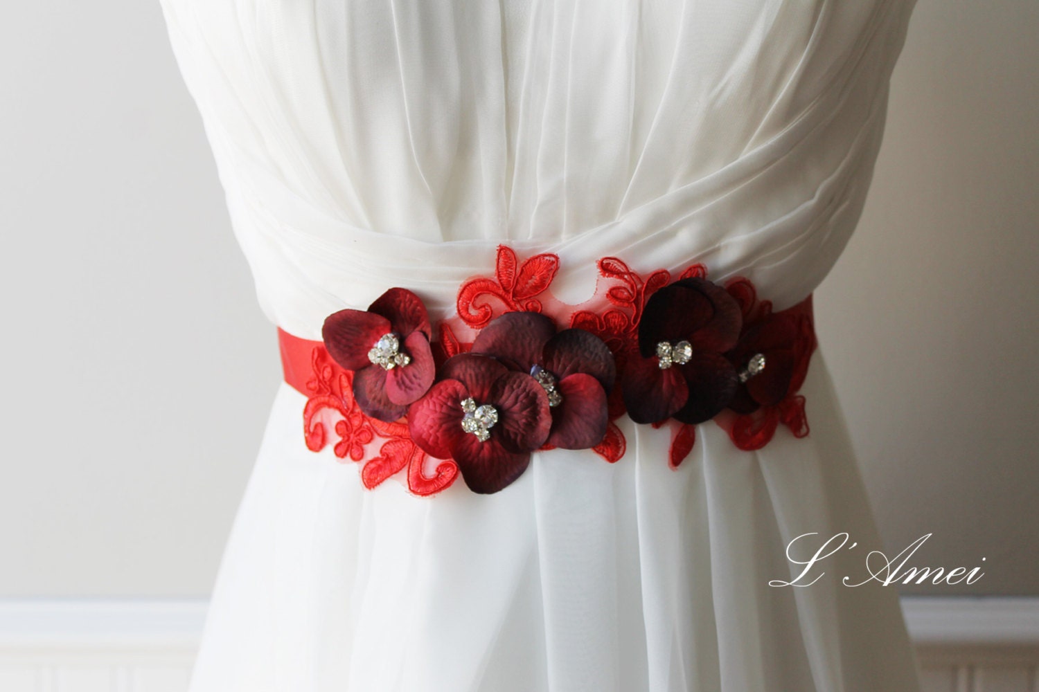 Dark Red Wedding Sash Bridal Belt with Glass Pearl Accents.