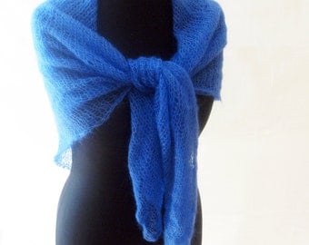 Blue mohair shawl, silk scarf, bridesmaid shawl, hand knitted autumn accessory, minimalist scarf, loose knit shoulder wrap, soft scarf, knit