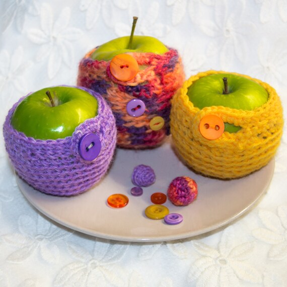 Items similar to Crochet apple cozy jacket with button. Purple, yellow