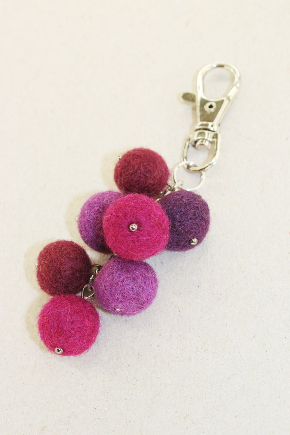 Wool Needle Felted Keychain Bag Charm with Bunch of Purple Red