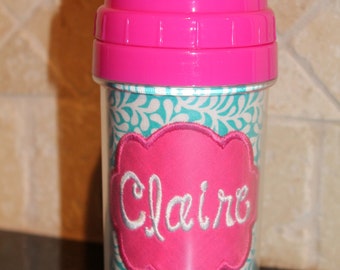 Aqua/White Floral Pink Sippy Cup - Personalized w/ Name or Monogram - SIPPY or STRAW Top options