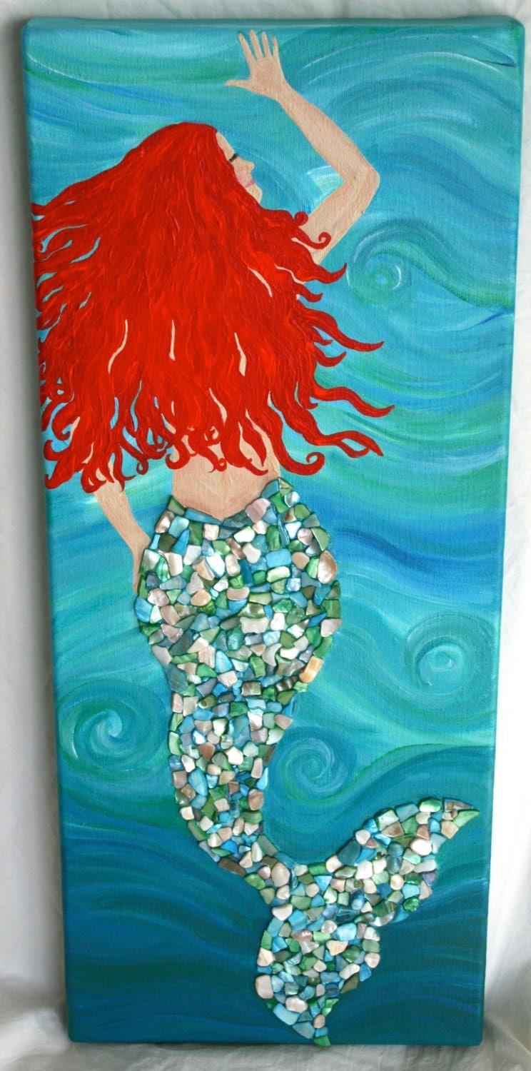 Mermaid Hand Painted Canvas with Shell by FromCapeMayWithLove