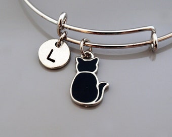 Black cat bangle, Black Cat bracelet, Kitten, Kitty, Black cat charm jewelry, Expandable bangle, Personalized bracelet, Initial bracelet