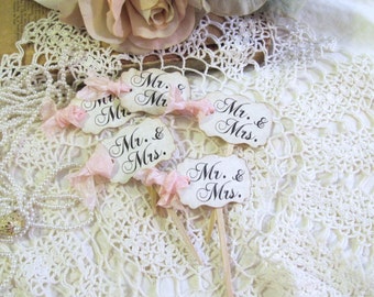 Mr. & Mrs. Wedding Cupcake Toppers w/ribbons - Parchment Party Picks - Set of 12 or 18 - Choose Ribbons - Rustic Vintage Style