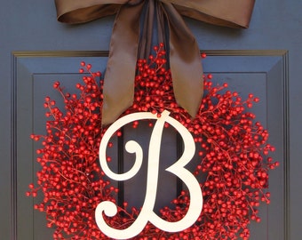 Valentine's Day Wreath- Berry Wreaths- Monogram Red Christmas Wreath- Valentine's Day Wreath- Valentine's Decor- Monogram Wreath