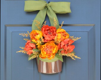 Bucket of Peonies Fall Wreaths- Fall Peonies Door Wreath Alternative- Outdoor Decor- Thanksgiving Wreath- Fall Decor- Year Round Wreath