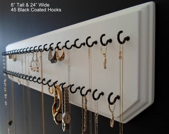 6x24-White 45-Black, Jewelry Organizer Necklace Holder with 45 Coated Jewelry Hooks Assembled.