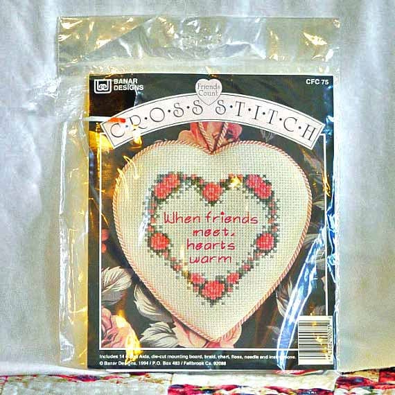 Heart Flowers Cross Stitch Kit Banar Designs by DartingDogCrafts