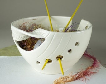 Yarn Bowl, Knitting Bowl supplies storage, Personalized White Pottery Twisted Leaves gift for mom blueroompottery MADE TO ORDER