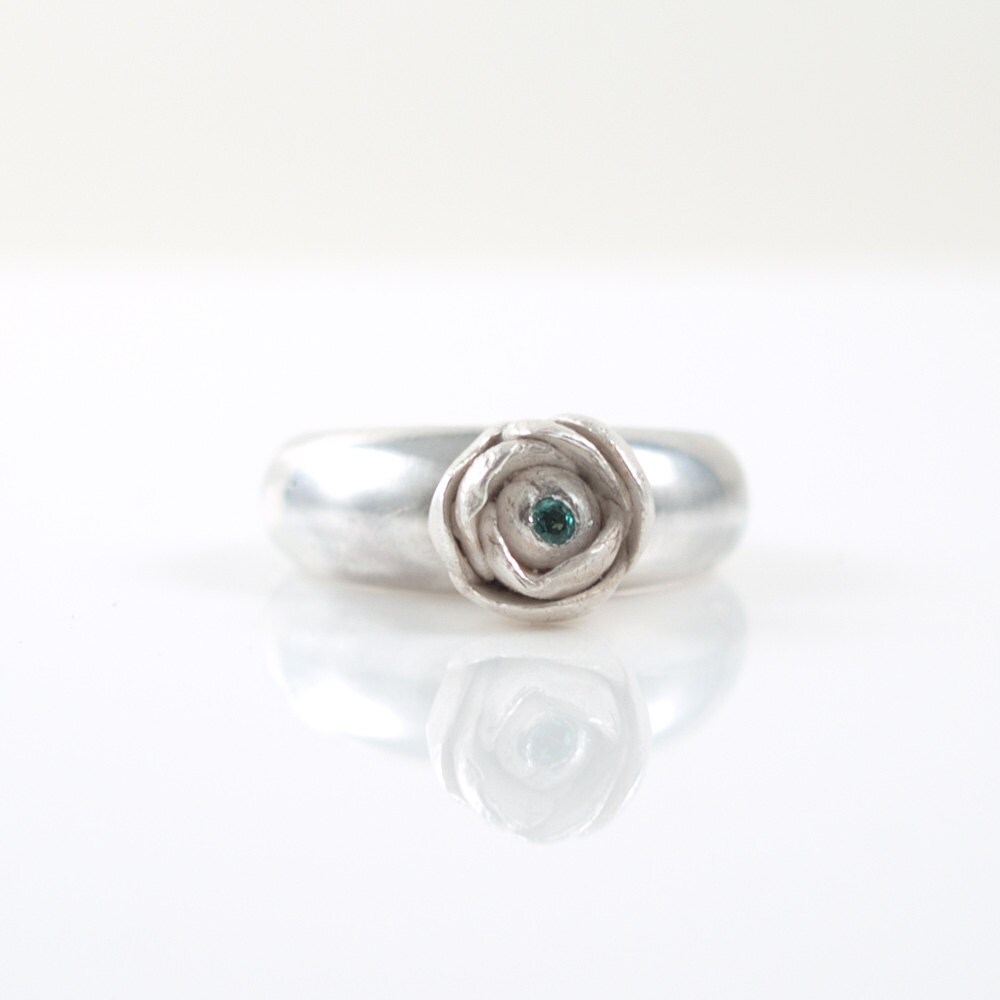 Emerald Flower Engagement Ring Sterling Silver Gemstone Ring