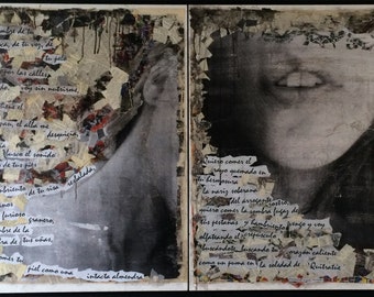 Original collage with sentences of Pablo Neruda in Spanish.