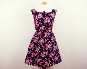 Floral peter pan collar dress summer dress roses rose print navy flowery dress retro shabby chic boho