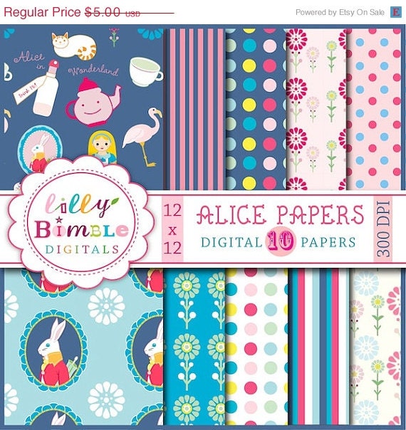 50% off Alice in Wonderland Digital Paper Pack for scrapbooking, cards, design INSTANT DOWNLOAD Il_570xn