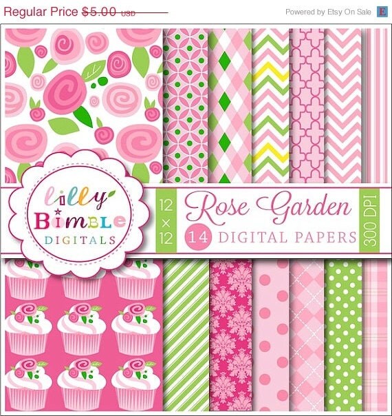50% off Roses Digital Papers with cupcakes ROSE GARDEN scrapbook paper Instant download Il_570xn