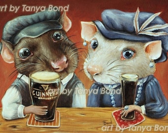 Guinness Lovers - 5x7 print of an oil painting by Tanya Bond - surreal pop - animal fantasy art Irish pub Guiness Beer drink alcohol