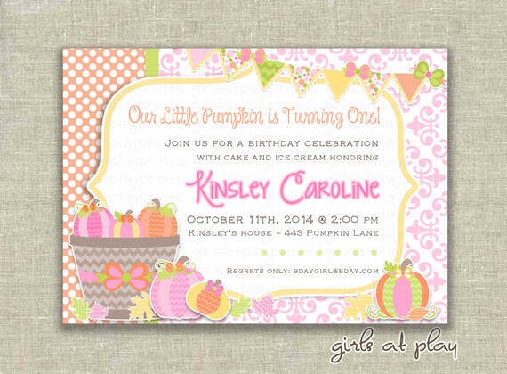 First Birthday Girl 1st Birthday Invitation Pink Pumpkin Patch Fall- Digital - by girls at play girlsatplay Il_570xn