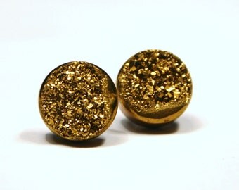 Gold Druzy Stud Earrings Metallic Circle Round Small Genuine Titanium Drusy Quartz Gemstone Jewelry for Women on Sterling Silver Post Stud