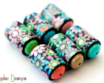 Spring Winds- Barrel beads - 6 Handmade polymer clay beads - pastel colored barrel beads