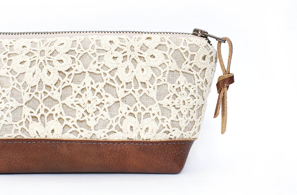 Linen and Lace Clutch. Leather Clutch. Brown Leather Bag.