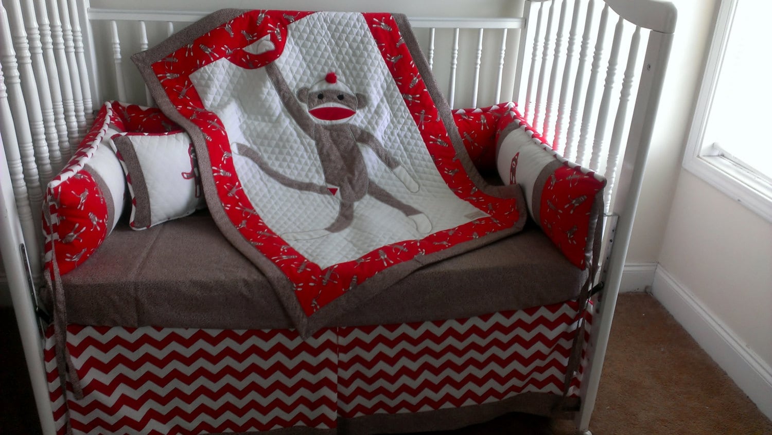 Sock Monkey Red Custom Made Crib Bedding Set For Trac4461