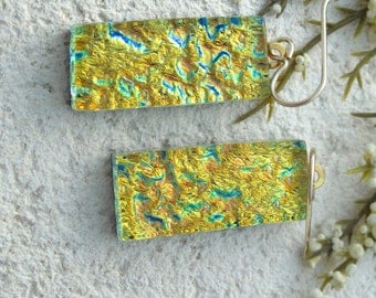 Dichroic Glass Earrings - Dangle - Dichroic Fused Glass Jewelry - Golden Earrings - 14KT GF Dangle Earrings Dichroic Earrings 060214e102