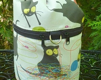 Knitting bag, drawstring bag, knitting in public bag, happy kitty, small project bag, Kipster