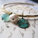 bangle bracelet, sand dollar charm, solid brass, freshwater pearl, Beach bracelet, verdigris charm, candies64 ,aqua chalcedony, candies64