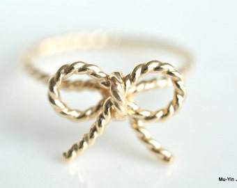 TINY BOW rope ring - 14k Yellow gold filled twisted wire wrap
