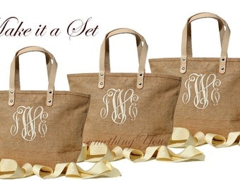 Monogrammed Natural Color Jute Totes Bags Set of 6 Six, Personalized Natural Burlap, bridesmaids destination and rustic weddings vacations