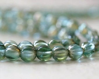 Aquamarine Celsian Czech Bead Glass 5mm Melon Rounds : 50 pc