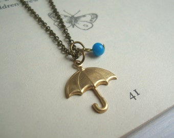 Rainy Day umbrella charm necklace - gold brolly and blue glass rain drop - SALE