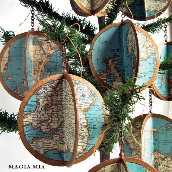 Globe Map Atlas Ornament ...... Limited Edition Handmade Decoupage Turquoise Bronze