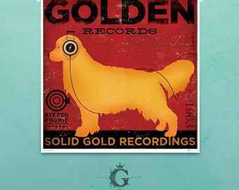 Golden Retriever dog Record Company original graphic illustration giclee print by Stephen Fowler
