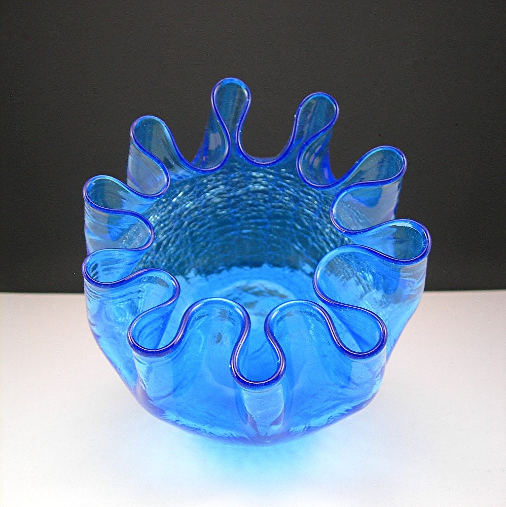 Handblown Blue Crackle Glass Vase Art Glass by AtticDustAntiques