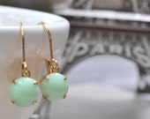 Mint Glass Earrings Estate Retro Jadeite Vintage Glass Cabochon Pastel Mint Glass Lever Back Brass Earrings Polka Dot Petite and Dainty