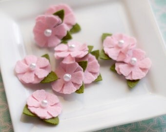 Wool Felt Flower with Pearl bead center and moss green leaves