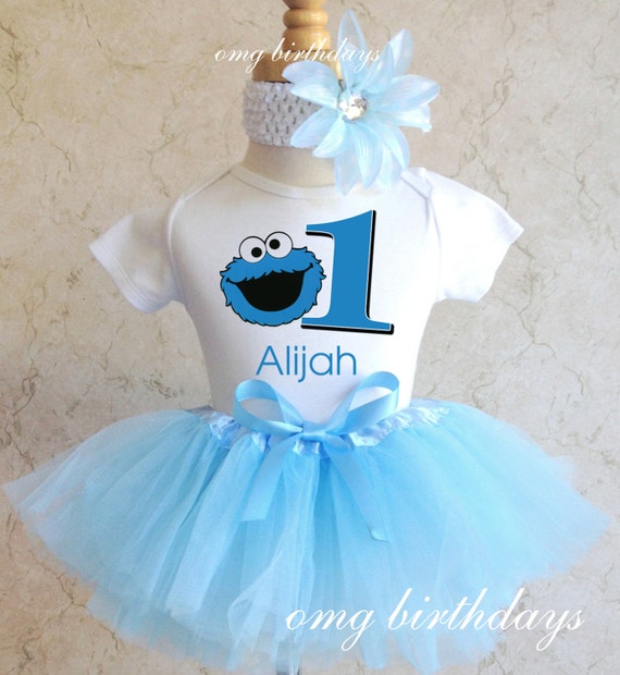 Cookie Monster 1st 2nd 3rd Birthday Personalized Name Age Shirt & Blue Tutu Set outfit girl 12 18 24 36 months Baby Toddler flower headband