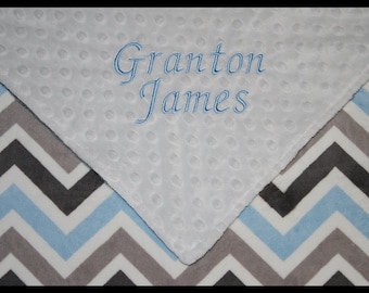 Chevron Blanket~Baby Boy Blanket~Personalized Boy Boutique Chevron Blue and White Large Minky Blanket