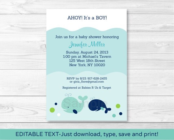 Nautical Whale Baby Shower Invitation INSTANT DOWNLOAD Editable PDF Il_570xn