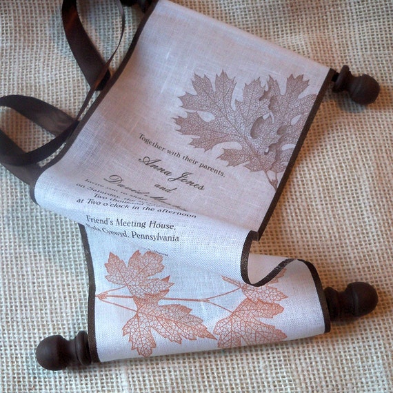 Fall wedding invitation, autumn leaves invitations, burnt orange and truffle, linen fabric scroll, boxed scroll invitation - 10