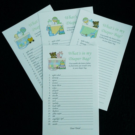 What's in My Diaper Bag game sheets for Baby Shower games